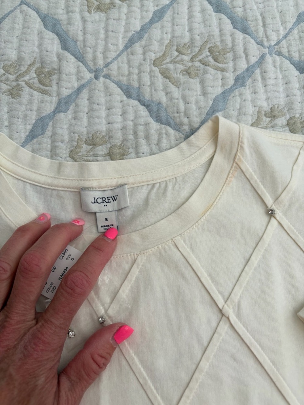 J. Crew Cream Quilted Diamond-Stitch Short Sleeve Top with Rhinestones